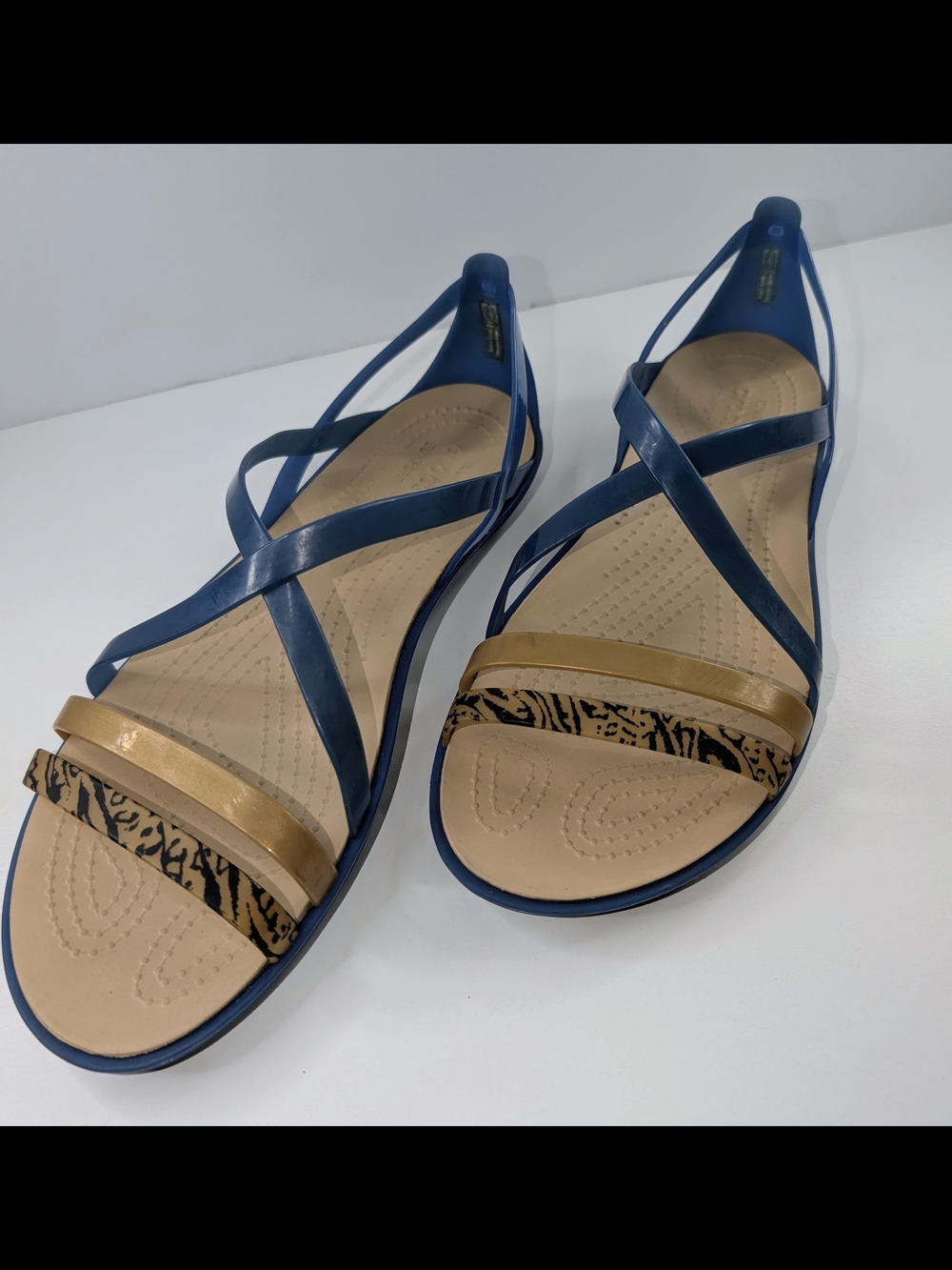 Crocs Women's Isabella Graphic Strappy Sandals Blue/Gold Animal Print Size 10